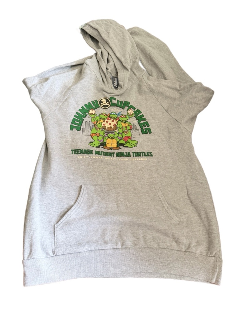 Johnny Cupcakes Gray Hoodie with Green & Yellow Turtle Graphic